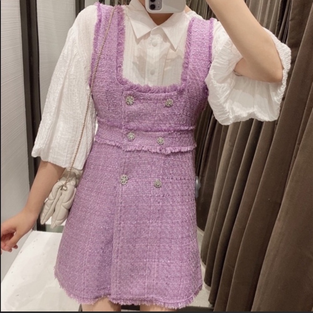 New Zara Tweed Rhinestone Button Dress - Picture 4 of 10